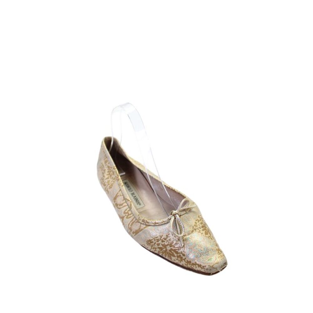 Manolo Blahnik Womens Printed Bow Detail Flats Shoes Gold Combo Size 8.5